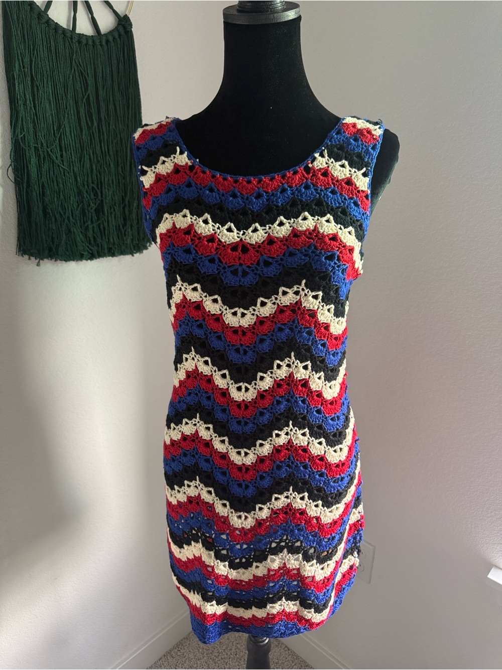 Vici Crochet Wave Tank Mini Dress in Blue, Red, Black & Cream - Picture 11 of 12